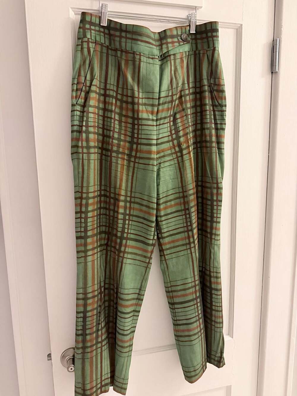 Zara Green and Brown Plaid High-Waisted Trousers